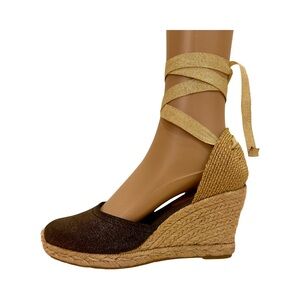Andre Assous Wedge Espadrilles Olive Green/Gold Sz 8